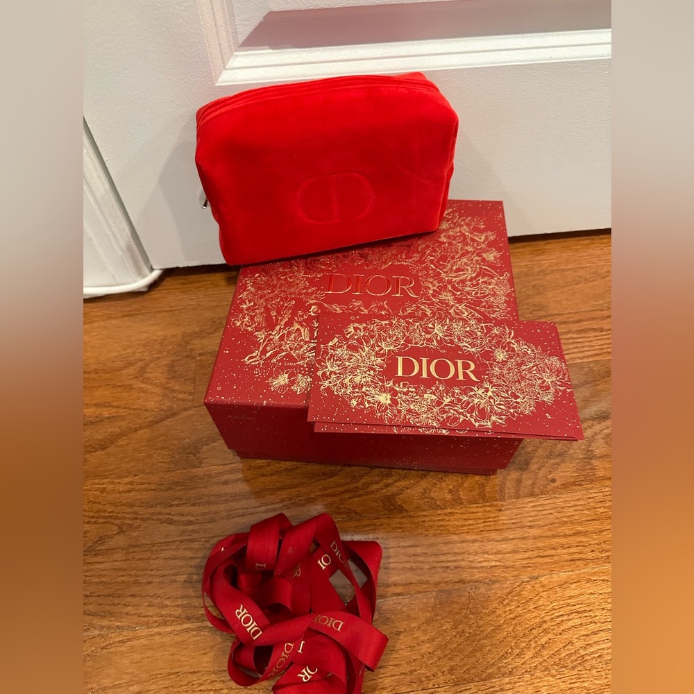Dior Lunar New Year empty box, ribbon, envelopes, and makeup bag.